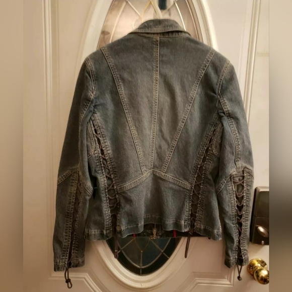 Elie Tahari Corset Lace Up Red Piped Denim Jacket Size Large - Picture 1 of 13